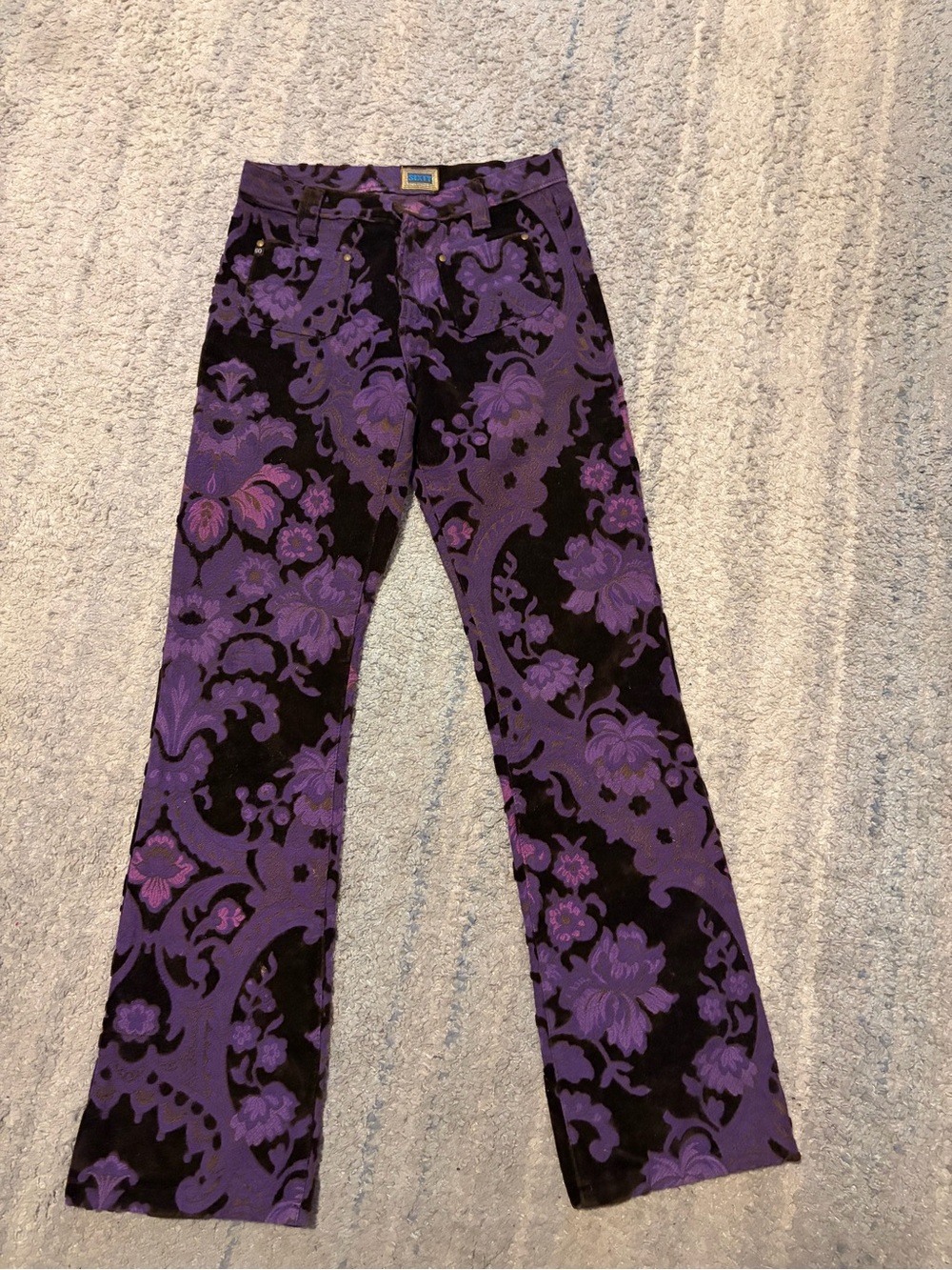 Vintage Y2K Miss Sixty Purple Velvet Burnout Damask Bell Bottom Pants Sz 29